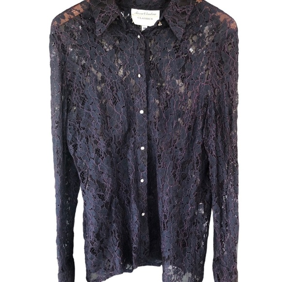 New Vintage Y2K crystal button down sheer lace top Holiday cocktail party glam - Picture 4 of 10